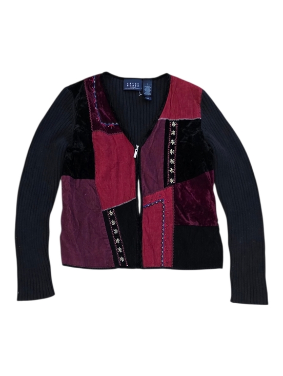Liz Claiborne Sweaters - Crazy Horse Liz Claiborne Vintage Burgundy Patchwork Velvet Zipper Cardigan M